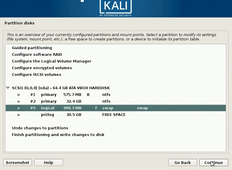 How to dual boot windows 10 and kali linux slect swap partion