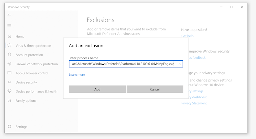 Add Antimalware Service Executable to Windows Defender's Exclusion List