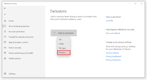 Add an exclusion and then click on Process in windows security