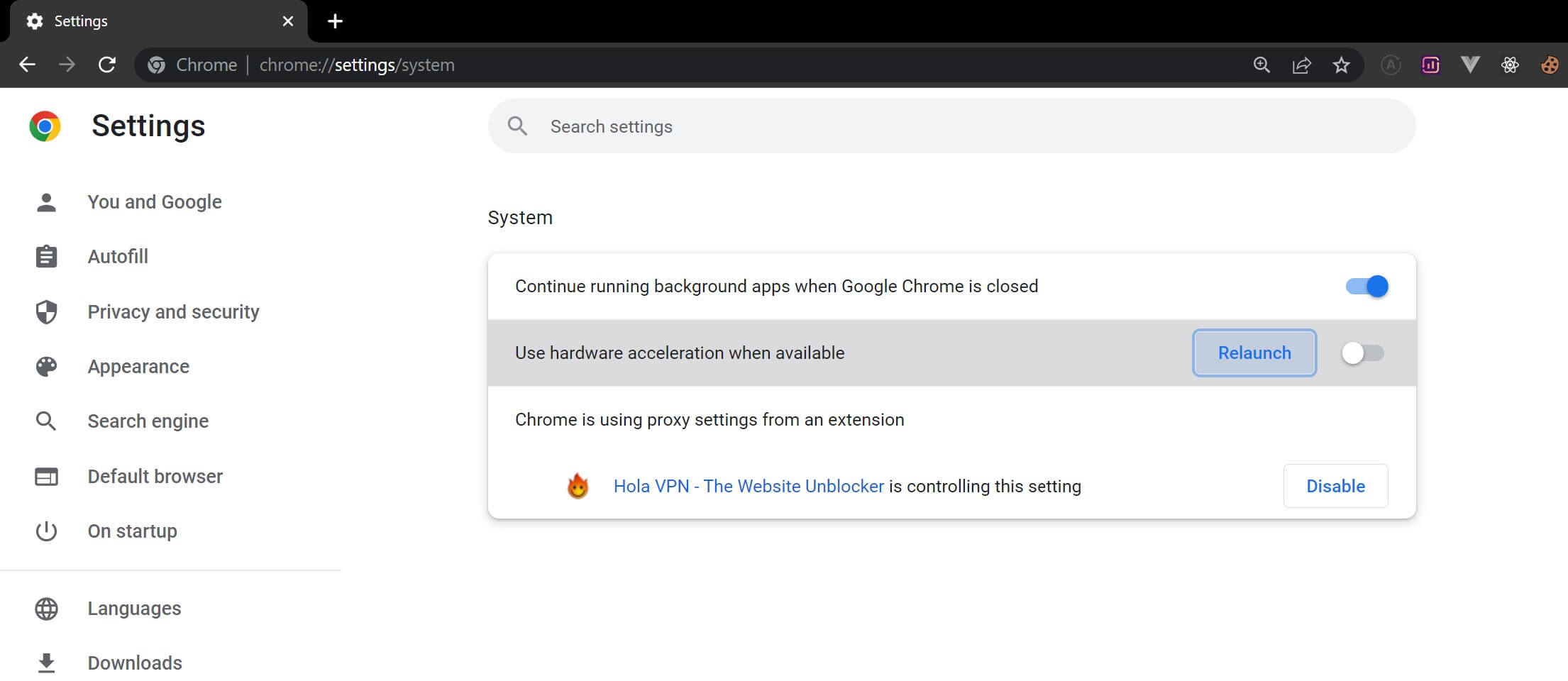 disable in chrome Use hardware acceleration when available